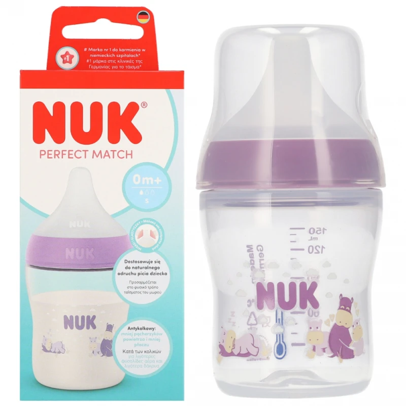 NUK - Butelka antykolkowa 0+ Perfect Match 150 ml - hippo fiolet